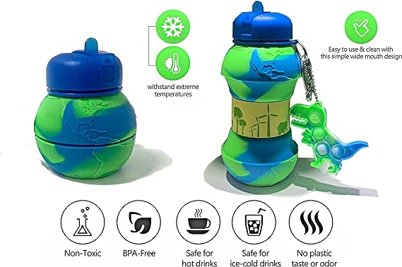 Earth Globe Dino Water Bottle - Collapsible Bottle for Boys and Girls