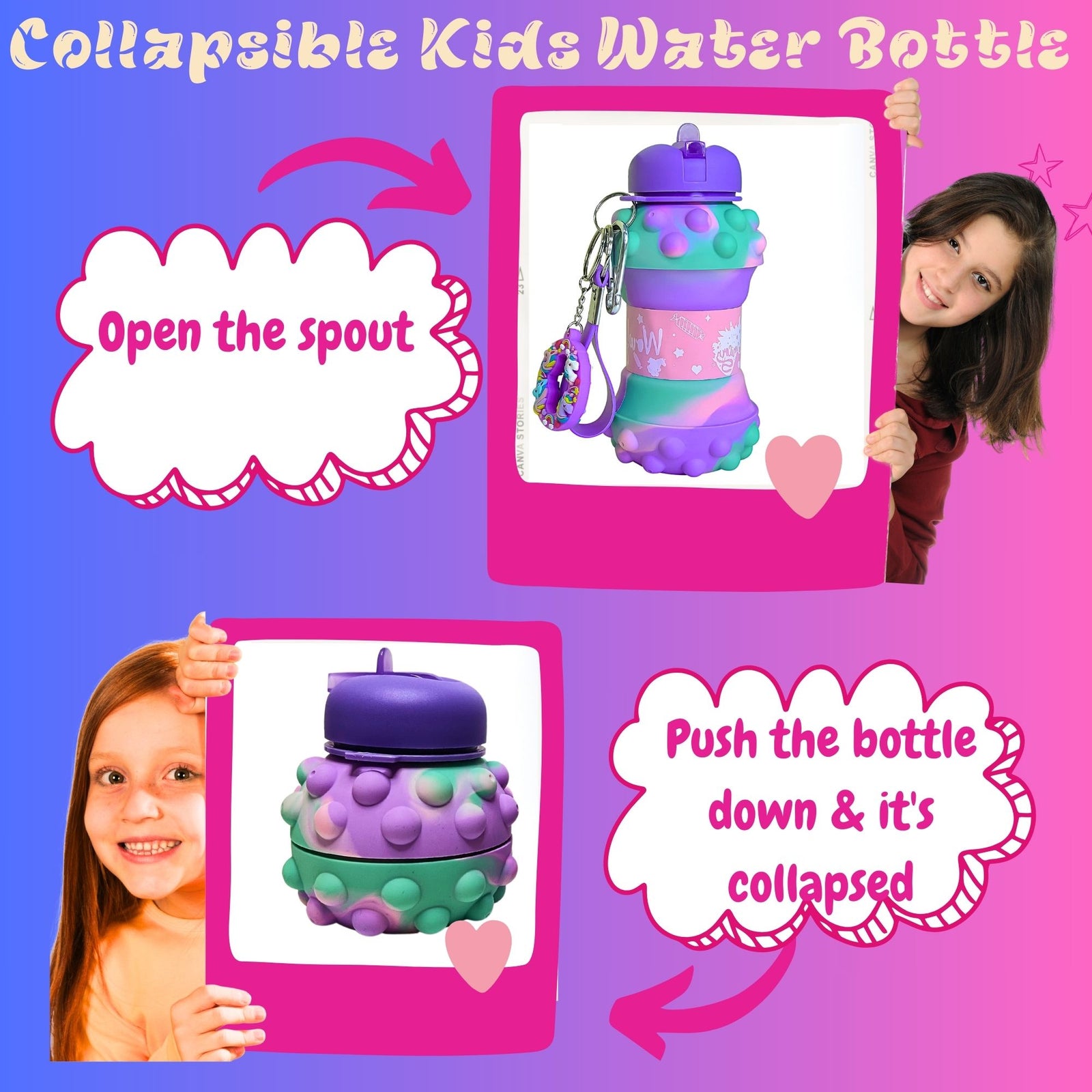 Unicorn Pop It Water Bottle - Collapsible Bottle for Boys and Girls