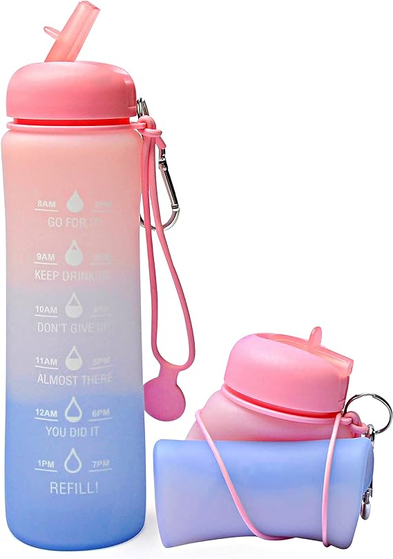 Motivational Water Bottle with Time Markings - Collapsible Silicone Bottle