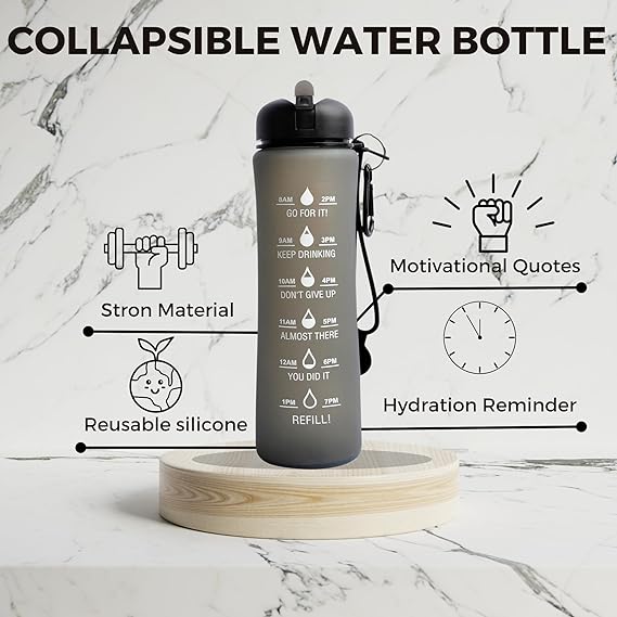 Motivational Water Bottle with Time Marking Collapsible Silicone Bottle