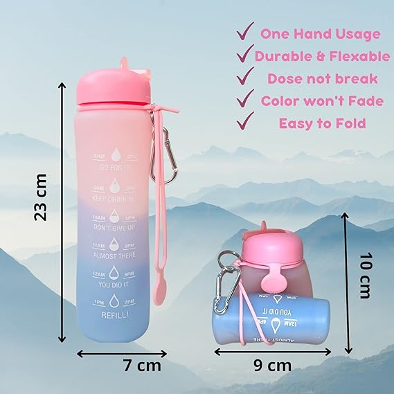 Motivational Water Bottle with Time Markings - Collapsible Silicone Bottle