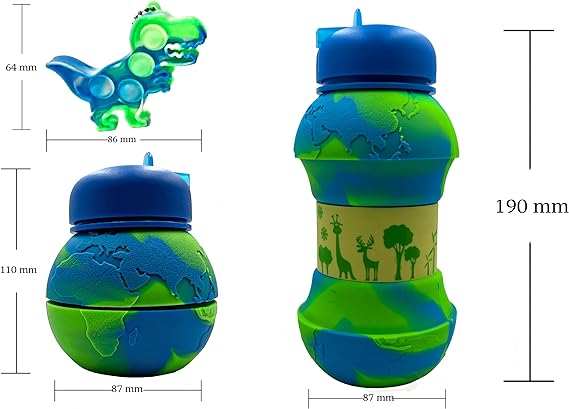 Earth Globe  Dino Water Bottle - Collapsible Bottle for Boys and Girls