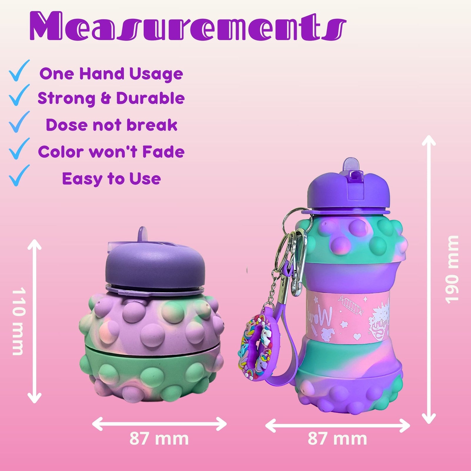 Unicorn Pop It Water Bottle - Collapsible Bottle for Boys and Girls